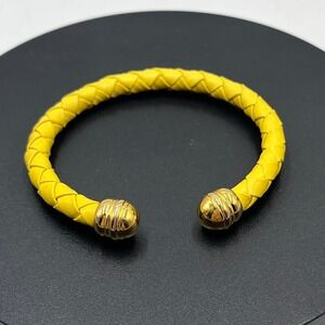 Joan Rivers Vintage Yellow Braided Leather Open Bangle‎ Bracelet Gold-tone